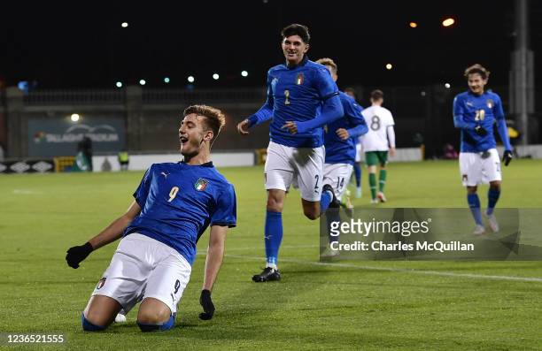 Lorenzo Lucca of Italy celebrates after scoring the first goal during the UEFA European U21 Championship Qualifier between Republic of Ireland and...