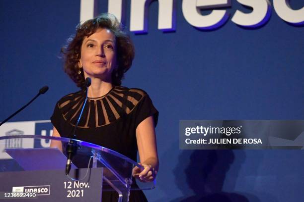 Director-General of United Nations Educational, Scientific, and Cultural Organization Audrey Azoulay speaks during the 75th anniversary celebrations...