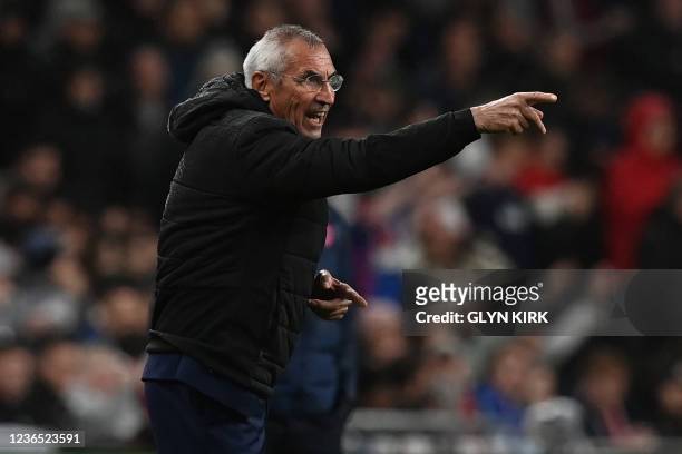 Albania's Italian head coach Edoardo Reja gestures on the touchline during the FIFA World Cup 2022 Group I qualifier football match between England...
