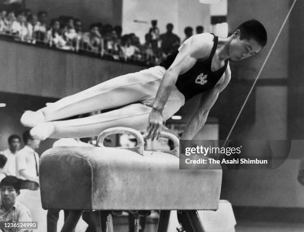 Sawao Kato competes in the Pommel Horse during the Artistic Gymnastics Mexico Olympic Qualifying at the Tokyo Metropolitan Gymnasium on July 13, 1968...