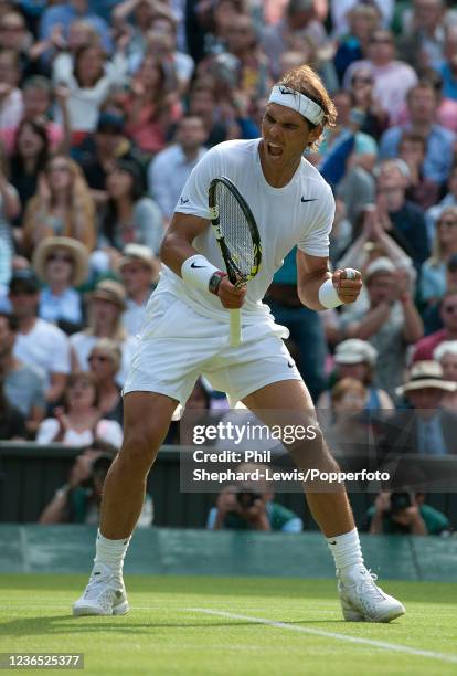 Rafael Nadal of Spain celebrates after winning a point against Nick Kyrgios of Australia in the men's singles fourth round during day eight of the...