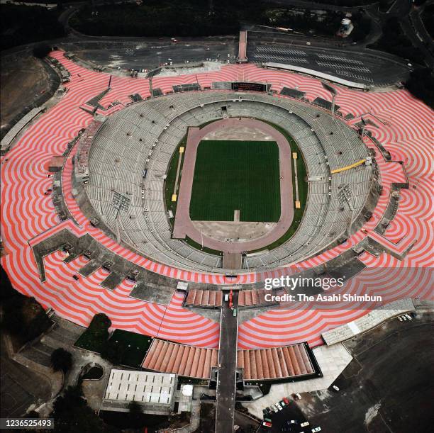 In this aerial image, Estadio Olimpico Universitario, main stadium of the Mexico City Olympic Games circa October 1968 in Mexico City, Mexico.