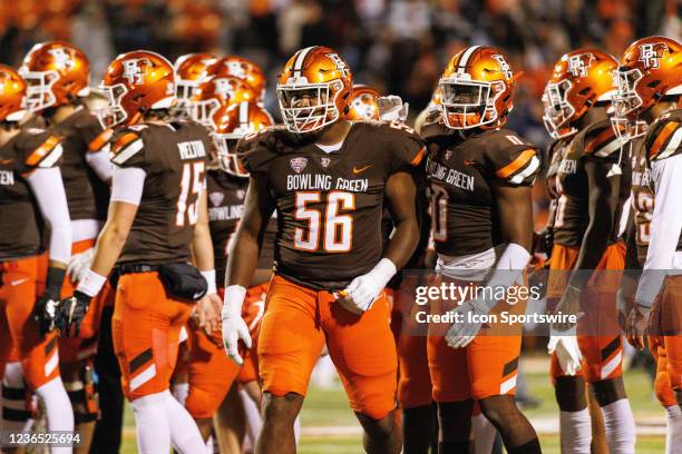 Bowling Green Falcons defensive lineman Walter Haire with the team before a Mid-American Conference game between the Toledo Rockets and the Bowling...