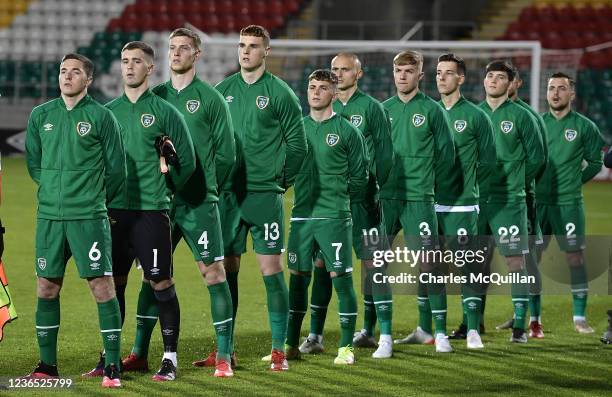 The Republic of Ireland team line up for the national anthem before the UEFA European U21 Championship Qualifier between Republic of Ireland and...