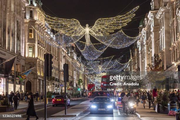The Christmas lights on Regent Street are seen as part of the world's largest Christmas lights collection switch on in London, United Kingdom on...