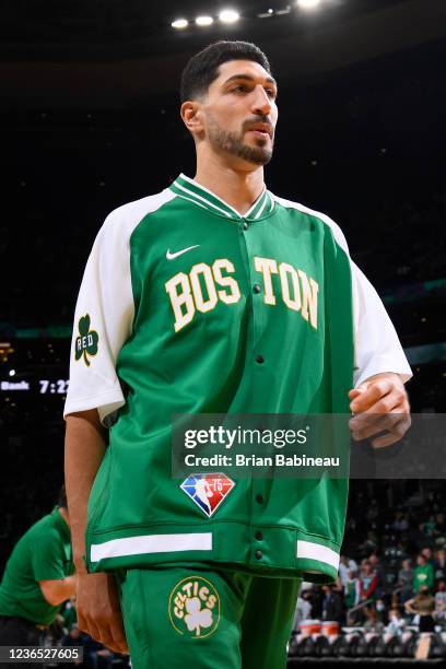 Enes Kanter of the Boston Celtics warms up prior to the game against the Milwaukee Bucks on November 12, 2021 at the TD Garden in Boston,...