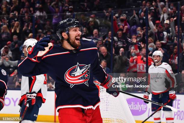 Sean Kuraly of the Columbus Blue Jackets reacts after scoring a goal during the first period of a game against the Washington Capitals at Nationwide...