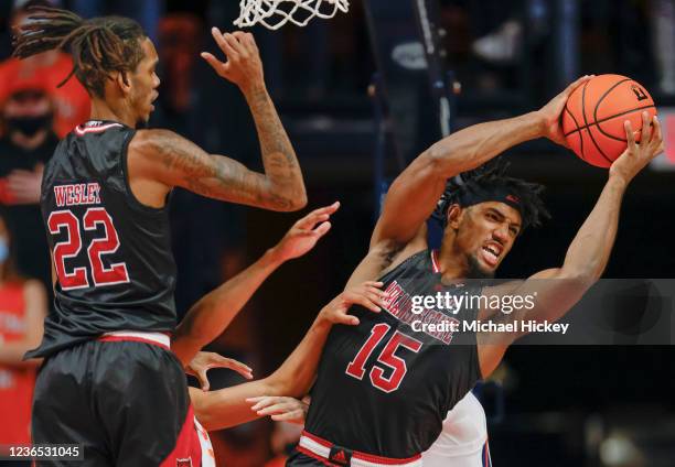 Norchad Omier of the Arkansas State Red Wolves grabs a rebound during the first half against the Illinois Fighting Illini at State Farm Center on...