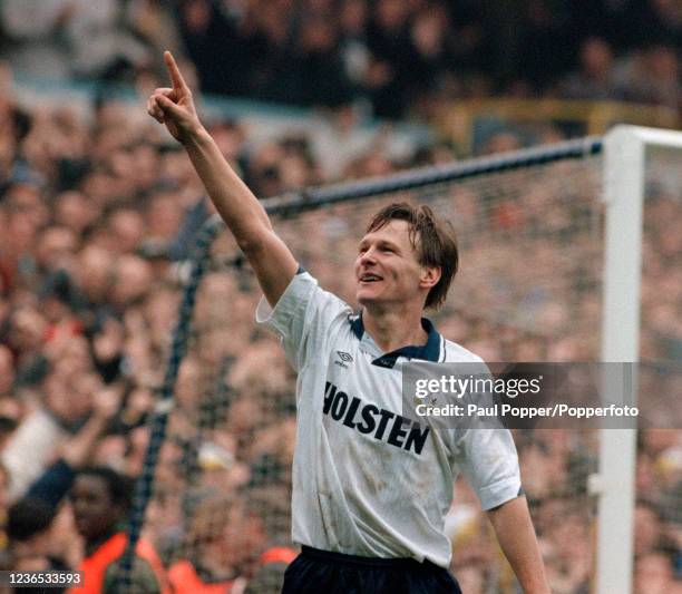 Teddy Sheringham of Tottenham Hotspur celebrates after scoring during the FA Cup 5th Round tie between Tottenham Hotspur and Wimbledon at White Hart...