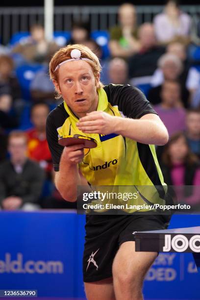 Christian Suss of Germany competing in a men's singles match during the English Open as part of the ITTF Pro Tour at the English Institute of Sport...