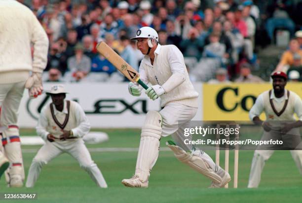 Derek Pringle of England batting on day one of the 1st Test Match between England and the West Indies at Headingley Cricket Ground on June 6, 1991 in...