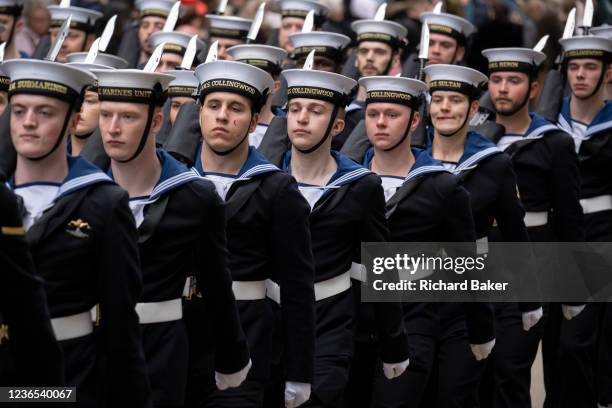 Royal Navy recruits from the HMS Collingwood training base march through the streets during the Lord Mayor's Show in the City of London, the...