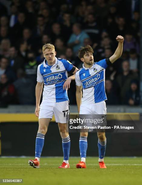 Bristol Rovers' Antony Evans celebrates after scoring his sides second goal during the Sky Bet League Two match at Memorial Stadium, Bristol. Picture...
