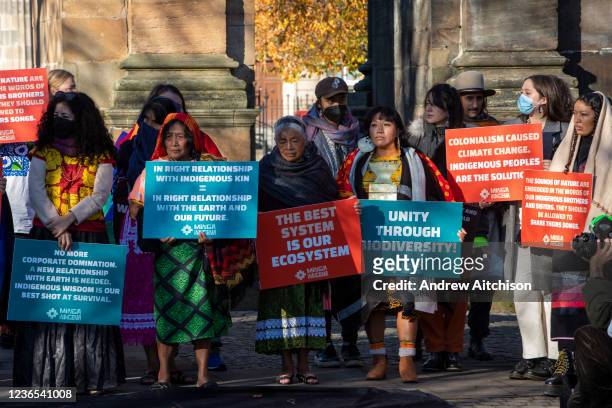 Indigenous leaders hold an inauguration march for COP26 to mark their arrival to Glasgow, Indigenous representatives from Alaska, USA, Panama,...