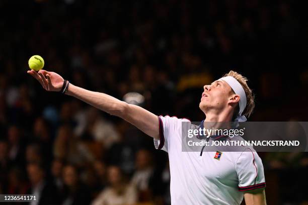 Canada's Denis Shapovalov serves the ball to USA's Tommy Paul during the singles final match of the ATP Stockholm Open tennis tournament in Stockholm...