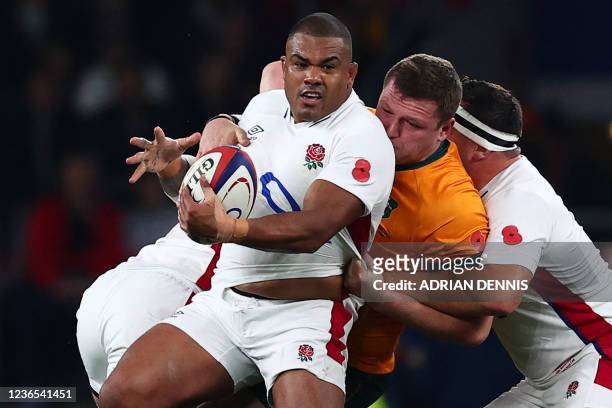 England's prop Kyle Sinckler is tackled during the Autumn International friendly rugby union match between England and Australia at Twickenham...