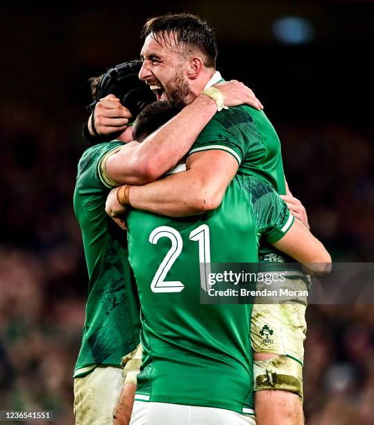 Dublin , Ireland - 13 November 2021; Ireland players, from left, James Ryan, Conor Murray and Jack Conan celebrate after their side's victory in the...