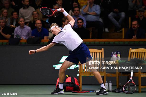 Canada's Denis Shapovalov smashes his racket as he playes against USA's Tommy Paul during the singles final match of the ATP Stockholm Open tennis...