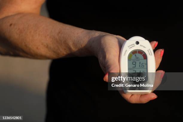 RiteAid worker Debbie Fontaine holds a heat and humidity index device that some workers wear when working at the RiteAid warehouse in Lancaster on...