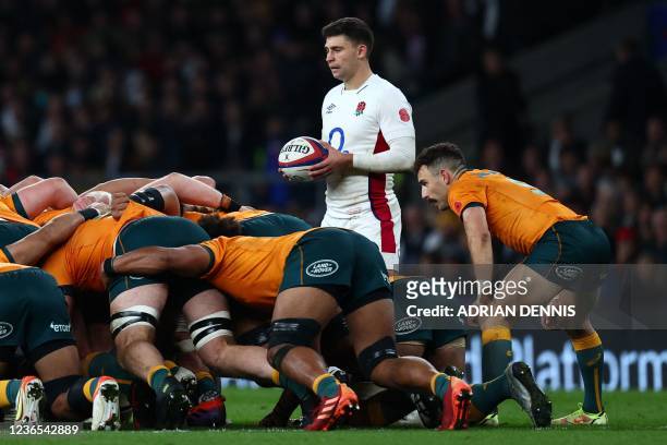 England's scrum-half Ben Youngs waits to put the ball into the scrum during the Autumn International friendly rugby union match between England and...