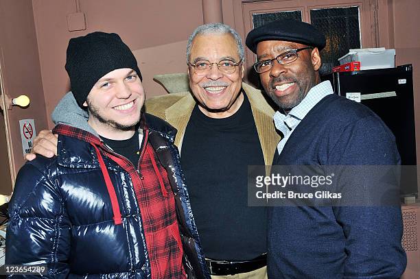 Flynn Earl Jones, dad James Earl Jones and Courtney B. Vance pose backstage at "Driving Miss Daisy" on Broadway at The Golden Theater on January 09,...