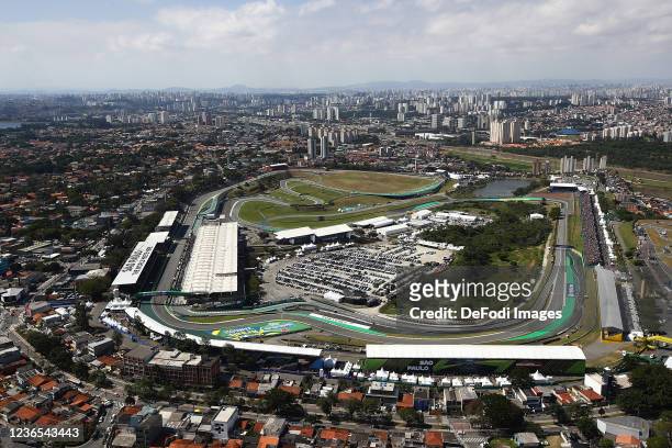 Aerial view from a helicopter of the race track in Interlagos during the sprint ahead of the F1 Grand Prix of Brazil at Autodromo Jose Carlos Pace on...