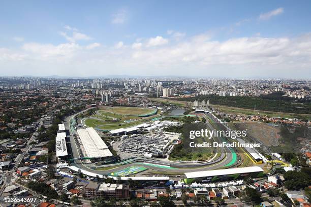 Aerial view from a helicopter of the race track in Interlagos during the sprint ahead of the F1 Grand Prix of Brazil at Autodromo Jose Carlos Pace on...