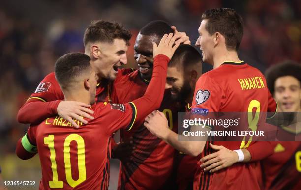 Belgium's Christian Benteke and Belgium's Yannick Carrasco celebrate after scoring during a soccer match between Belgian national team the Red Devils...