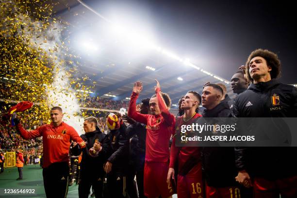 Belgium's players celebrates after winning a soccer match between Belgian national team the Red Devils and Estonia's national team, in Brussels,...