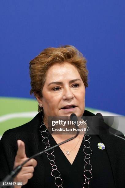 Executive Secretary, Patricia Espinosa, speaks during a press conference outside the Plenary Hall at the close of COP26 at SECC on November 13, 2021...