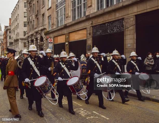 The Royal Marines march with musical instruments during the Lord Mayor's Show. The Lord Mayor's Show is a public parade marking the inauguration of...