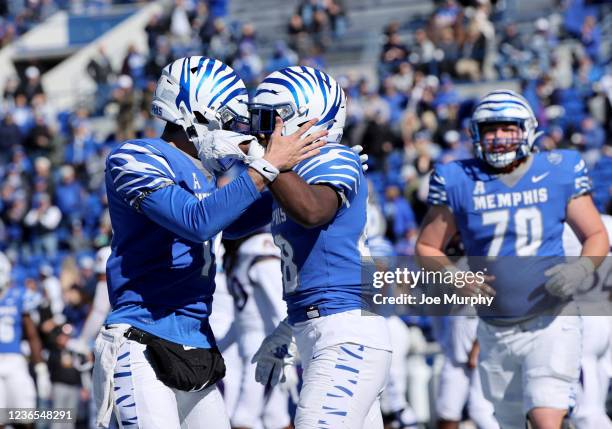 Seth Henigan and Asa Martin of the Memphis Tigers celebrates a touchdown against the East Carolina Pirates on November 13, 2021 at Liberty Bowl...