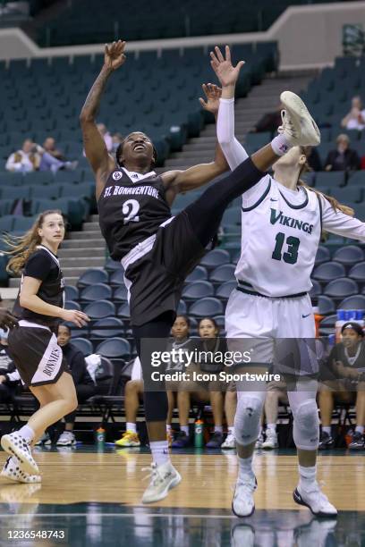 St. Bonaventure Bonnies guard Asianae Johnson scores off the glass during the fourth quarter of the women's college basketball game between the St....