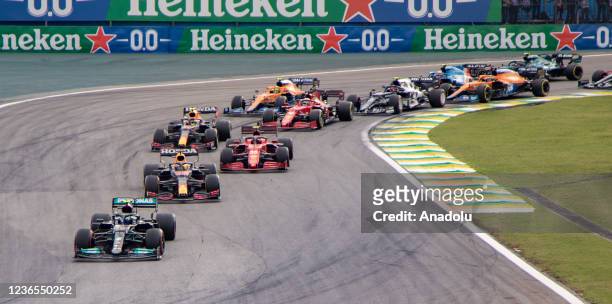 Drivers in action during the sprint race to the Grand Prix Sao Paulo of Formula 1 2021 at Interlagos autodrome in Sao Paulo, Brazil, on November 13,...
