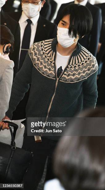 Kei Komuro is seen upon departure at Haneda Airport on November 14, 2021 in Tokyo, Japan.