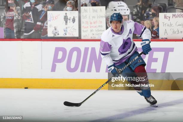 Erik Johnson of the Colorado Avalanche skates during warm ups prior to the game against the San Jose Sharks at Ball Arena on November 13, 2021 in...