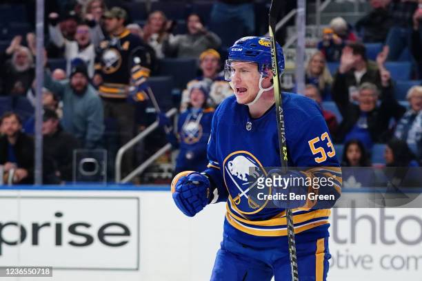 Jeff Skinner of the Buffalo Sabres celebrates his third period goal against the Toronto Maple Leafs during an NHL game on November 13, 2021 at...