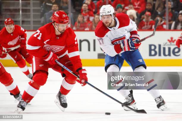 Josh Anderson of the Montreal Canadiens and Dylan Larkin of the Detroit Red Wings battle for the puck during the second period of an NHL game at...