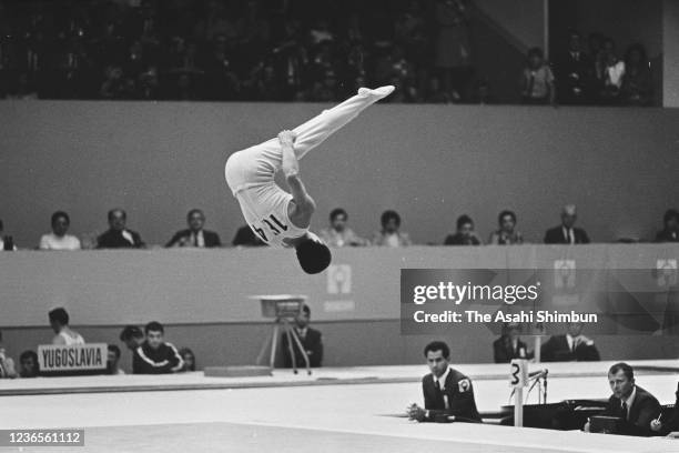 Sawao Kato of Japan competes in the Floor of the Artistic Gymnastics Men's Individual All-Around final during the Mexico City Summer Olympic Games at...