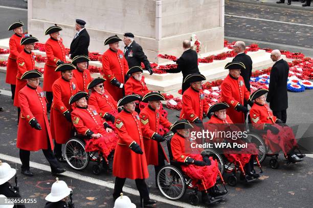 Chelsea Pensioners march along Whitehall during the Remembrance Sunday ceremony at the Cenotaph in Whitehall on November 14, 2021 in London, England....