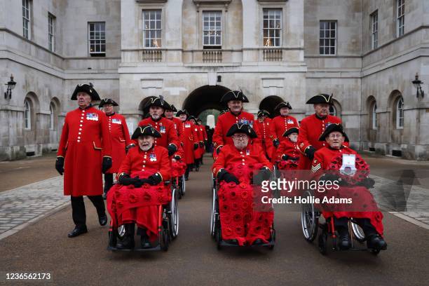 The Chelsea Pensioners at Horse Guards Parade during the National Service Of Remembrance on November 14, 2021 in London, England. This year's event...