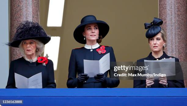 Camilla, Duchess of Cornwall, Catherine, Duchess of Cambridge and Sophie, Countess of Wessex attend the annual Remembrance Sunday service at The...