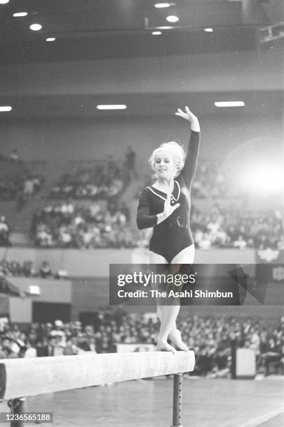 Vera Caslavska of Czechoslovakia performs on the balance beam during the Czechoslovakia-Japan Invitational Artistic Gymnastics at the Aichi...