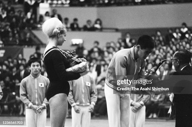 Vera Caslavska of Czechoslovakia and Yukio Endo of Japan attend their retirement ceremony the Czechoslovakia-Japan Invitational Artistic Gymnastics...