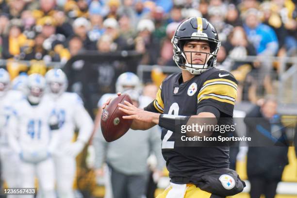 Pittsburgh Steelers quarterback Mason Rudolph looks downfield for a receiver during the NFL football game between the Detroit Lions and the...