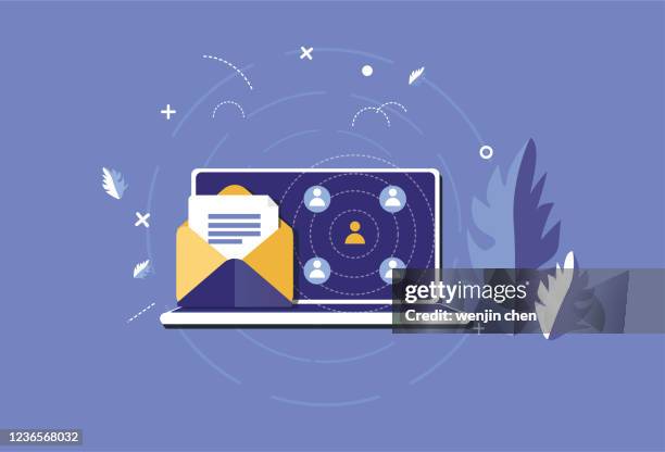 laptop and mail, recipient and office - response team stock illustrations
