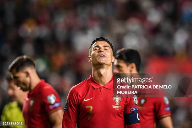 Portugal's forward Cristiano Ronaldo reacts during the FIFA World Cup Qatar 2022 qualification group A football match between Portugal and Serbia, at...