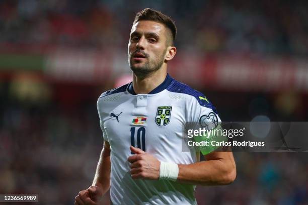 Dusan Tadic of Serbia during the 2022 FIFA World Cup Qualifier match between Portugal and Serbia at Estadio Jose Alvalade on November 14, 2021 in...