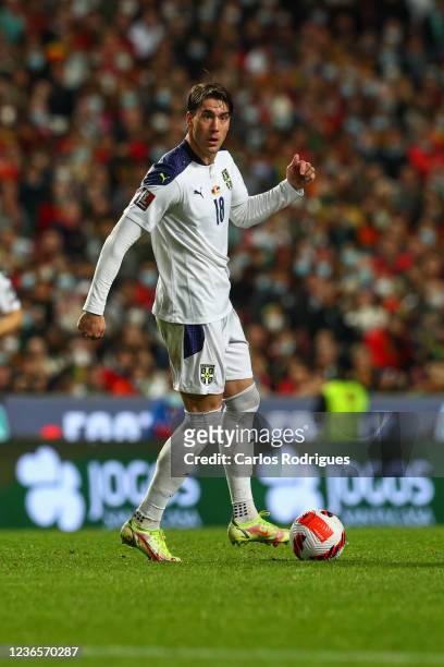 Dusan Vlahovic of Serbia during the 2022 FIFA World Cup Qualifier match between Portugal and Serbia at Estadio Jose Alvalade on November 14, 2021 in...