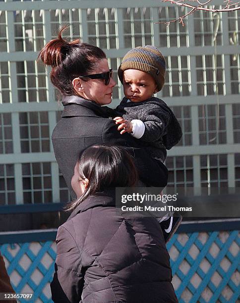 Actress Sandra Bullock and son Louis Bullock are seen on the streets of Manhattan on March 20, 2011 in New York City.
